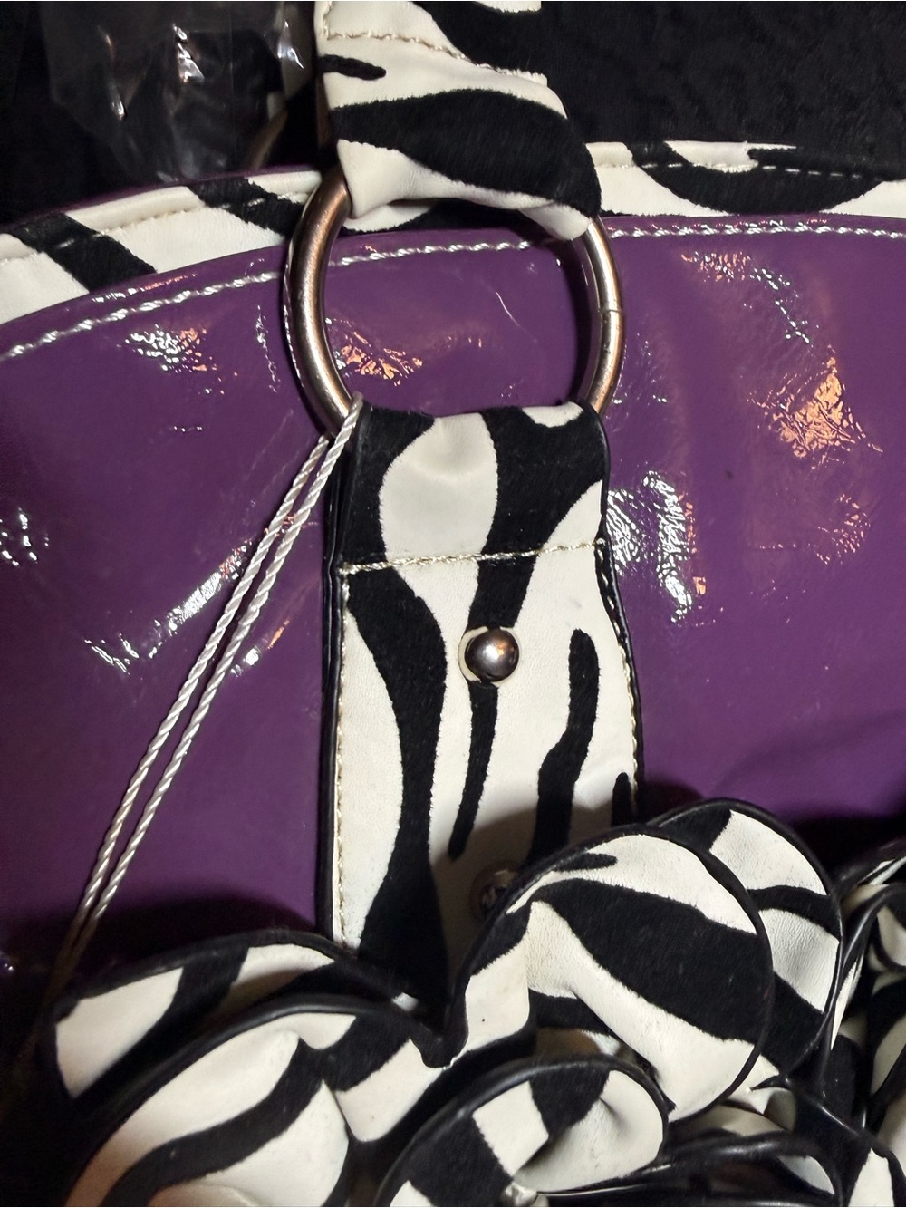 JY Fashion Y2K Purple Glossy Zebra Print Rosette Flower Purse Bag - Picture 5 of 16